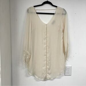 ASTR The Label Cream V Neck Lace Shift Mini Dress Women XS Festival Fringe Sheer